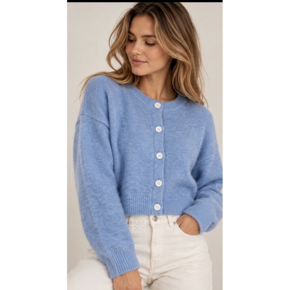 Pilcro Wool Blend Cardigan Sz S Blue Cropped Button Front Quiet Luxury Preppy